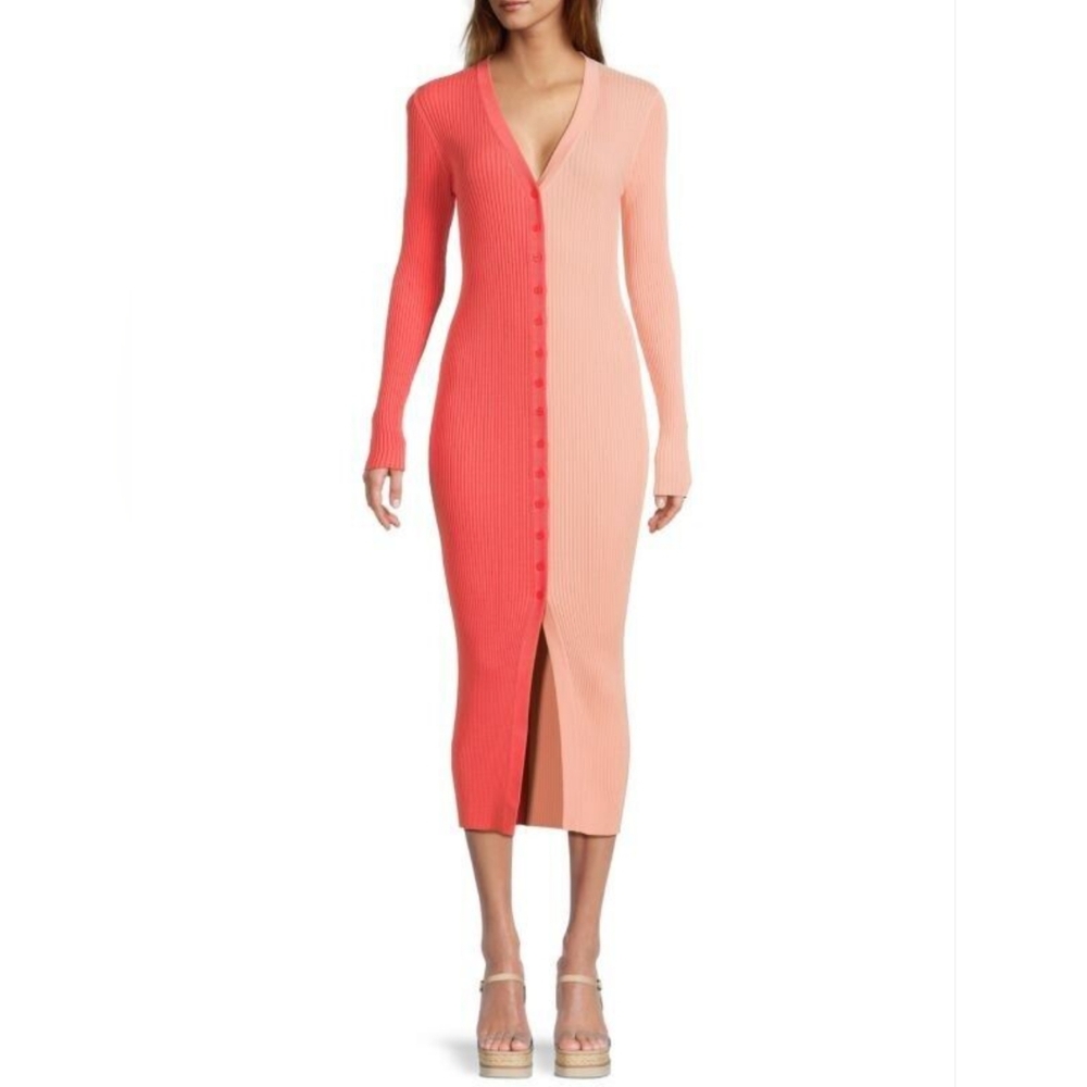 Staud Shoko Colorblock Bittersweet peach button up sweater dress size small - Picture 2 of 13